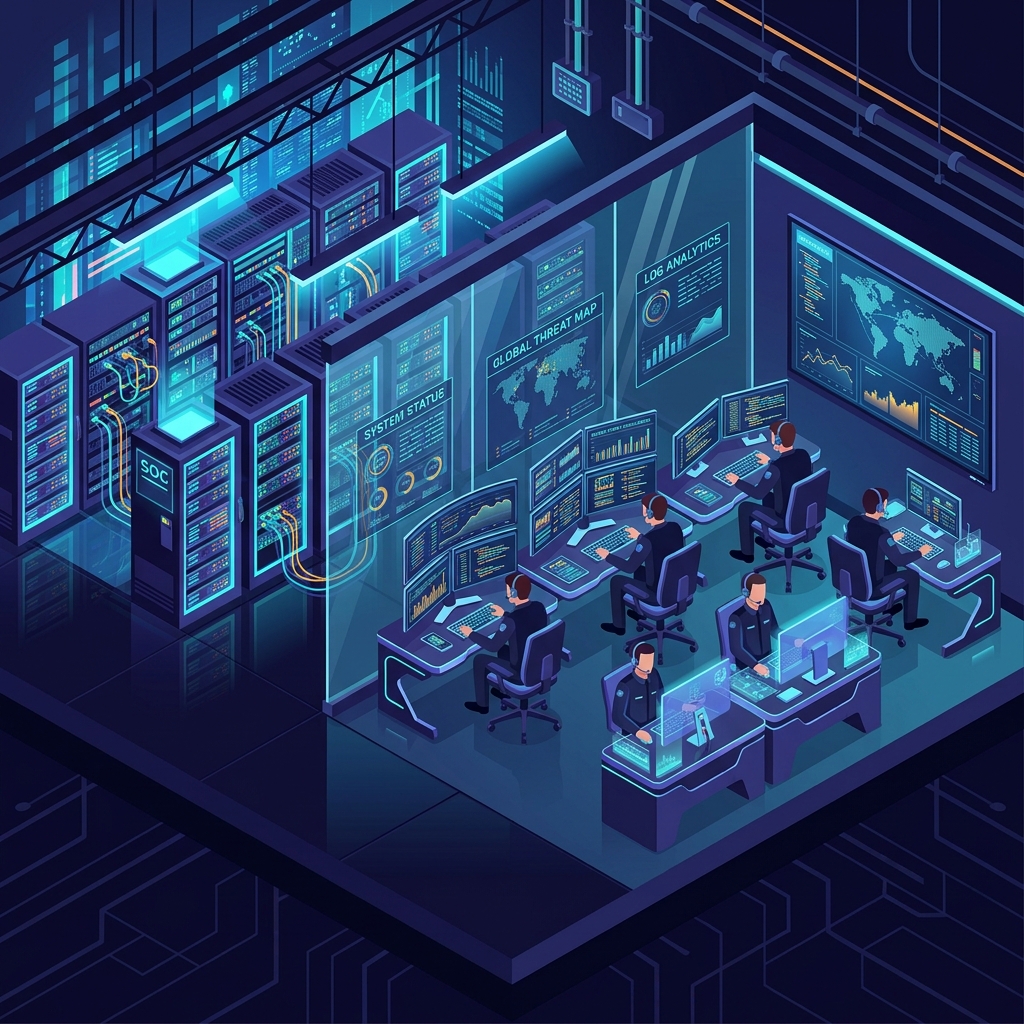 Desenho de infraestrutura e técnicos analisando logs